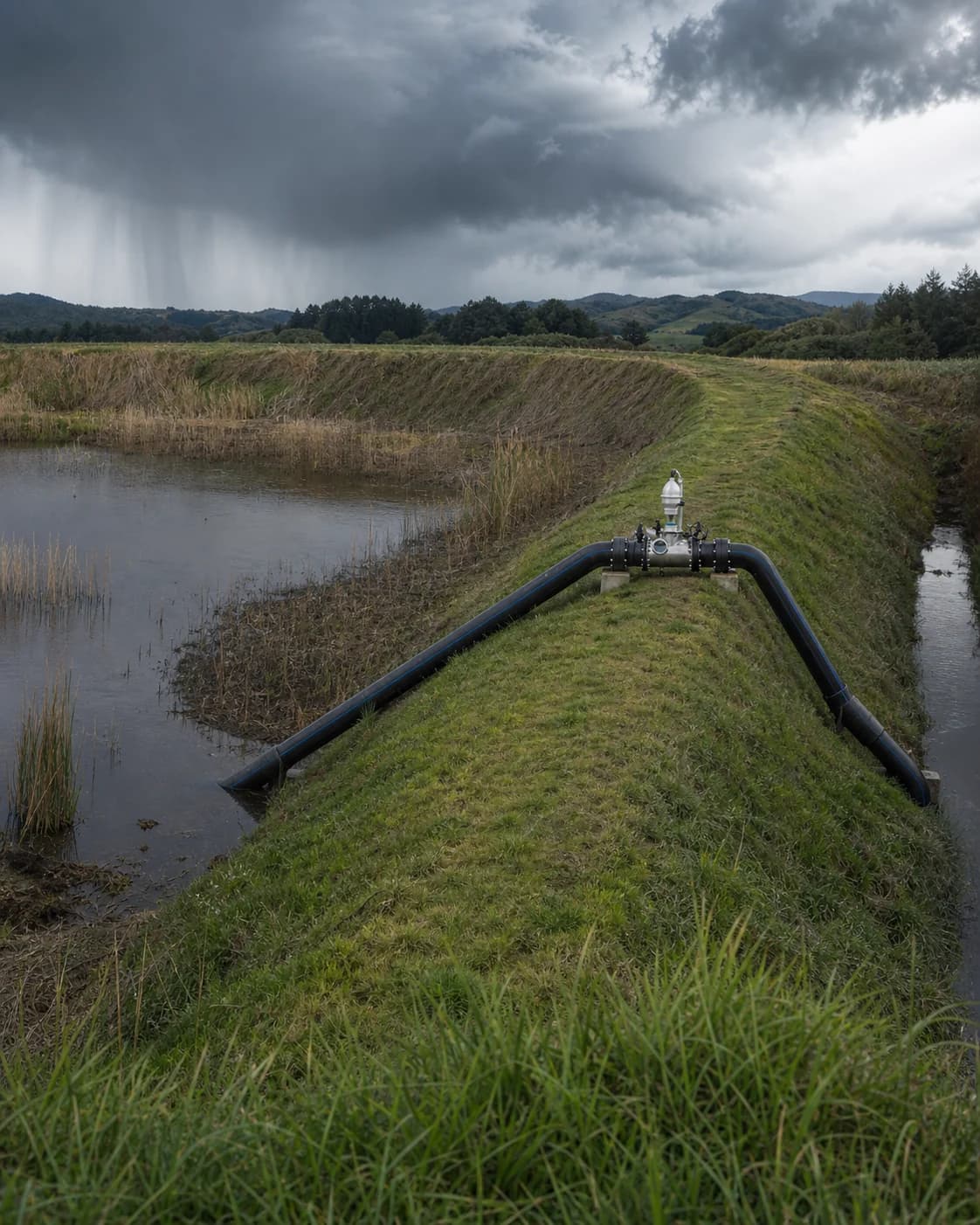 Concept illustration: a Siphonic Transfer Unit on a grassed bank between a reedy storage pond and a lower drain, under a storm front.